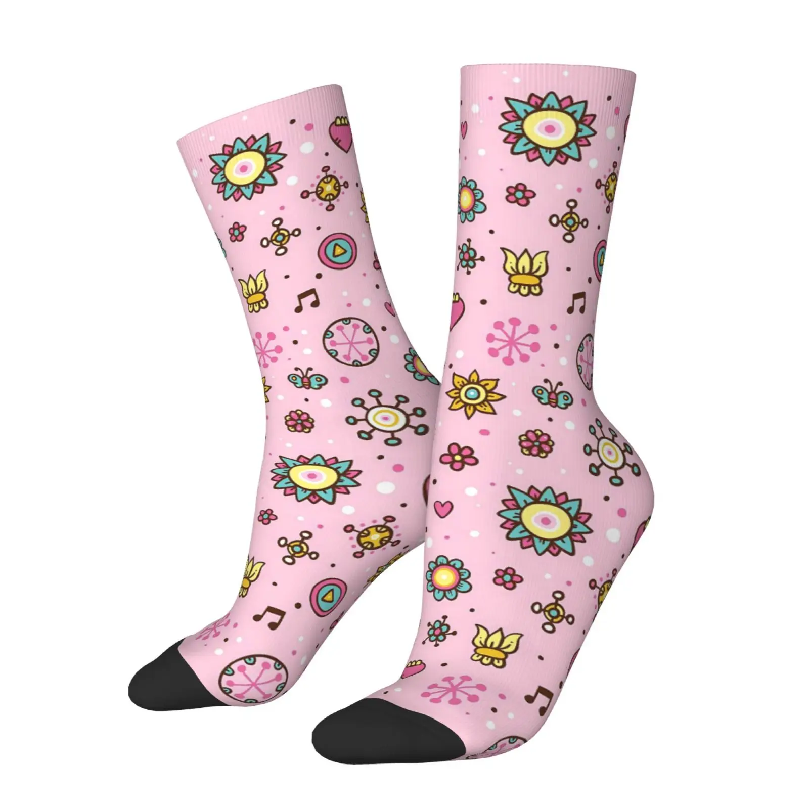 A Pair of Unisex Outdoor Socks Featuring a Pink Floral Music Pattern Mid-Calf Length, Machine Washable, Suitable for Outdoor