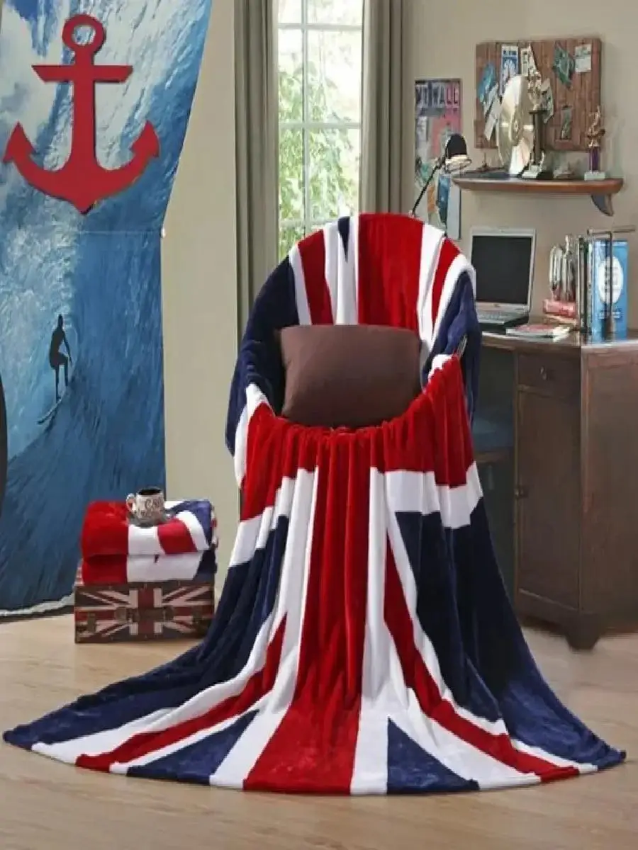 Фланелевое одеяло с принтом американского британского флага, мягкое и уютное для домашнего декора, дорожного дивана-кровати или офисного использования