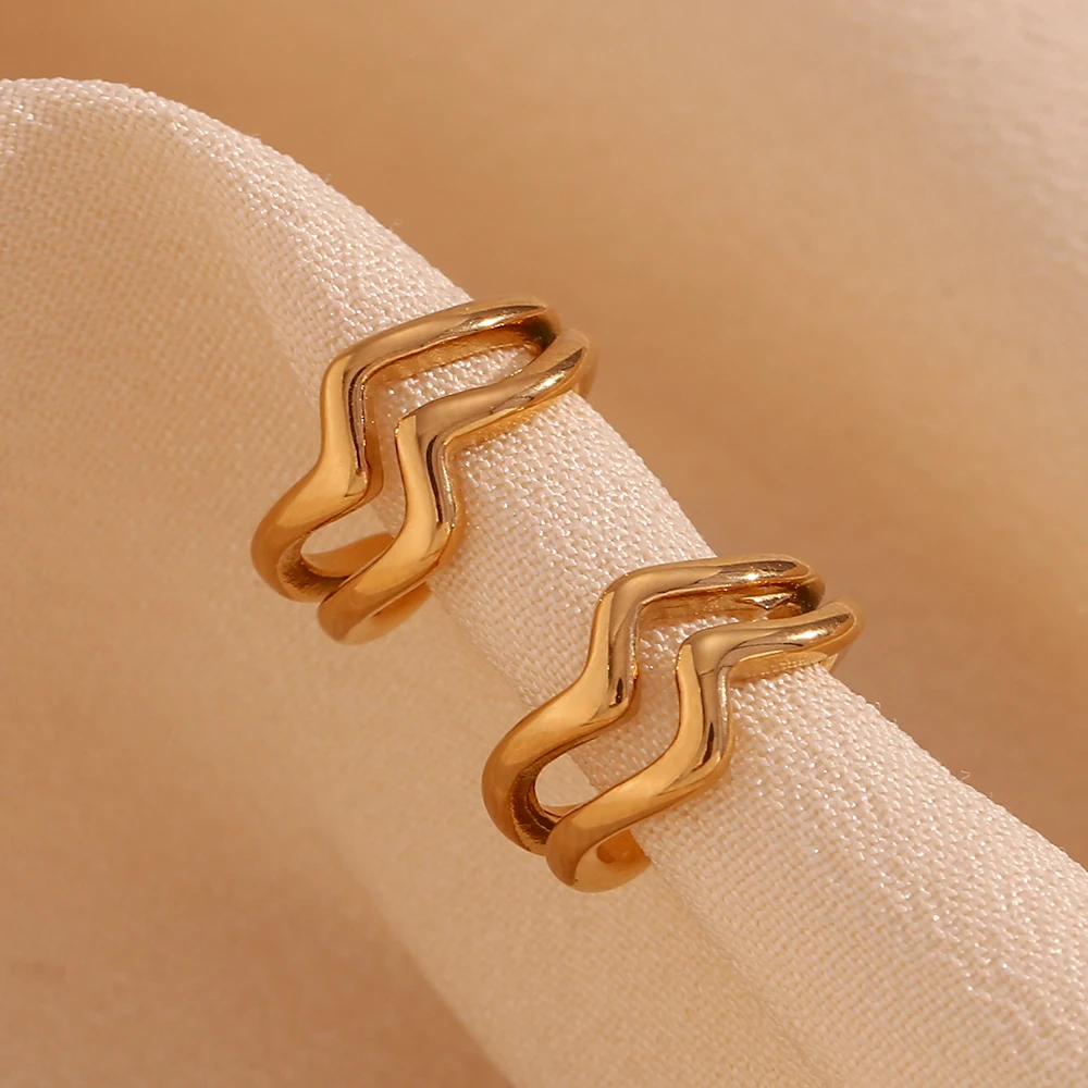 Minimalist Double Layer Wave Ear Clip Waterproof Silver Color 316L Stainless Steel Fake Piercing Gift 18K Gold Plated Jewelry image 2