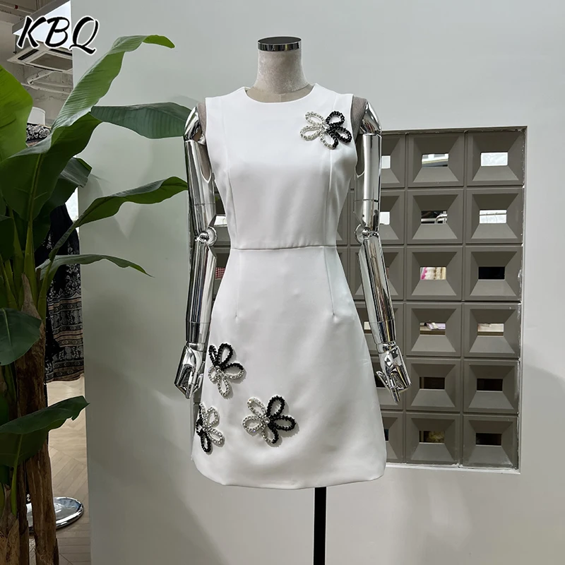 

KBQ Solid Splcied Floral Slimming Dresses for Women Round Neck Sleeveless High Waist Temperament Dress Female Fashion Style New