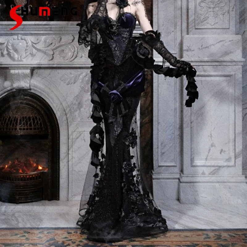 

Halloween Cos Women's Mermaid Skirt New Autumn Original Black Gothic Heavy Industry Velvet Long Skirts Tube Top Jerkin Set 2025