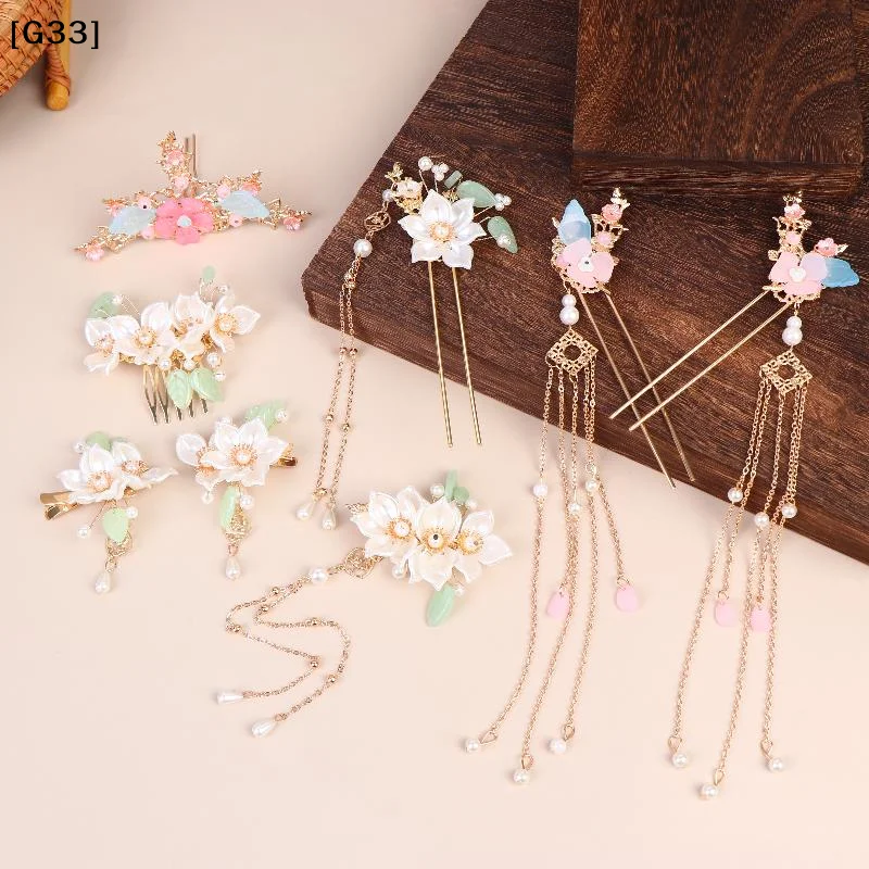 5-piece floral tassel Hanfu hair accessory set Elegant classical hairpins and combs Women's wedding party gift[G33]