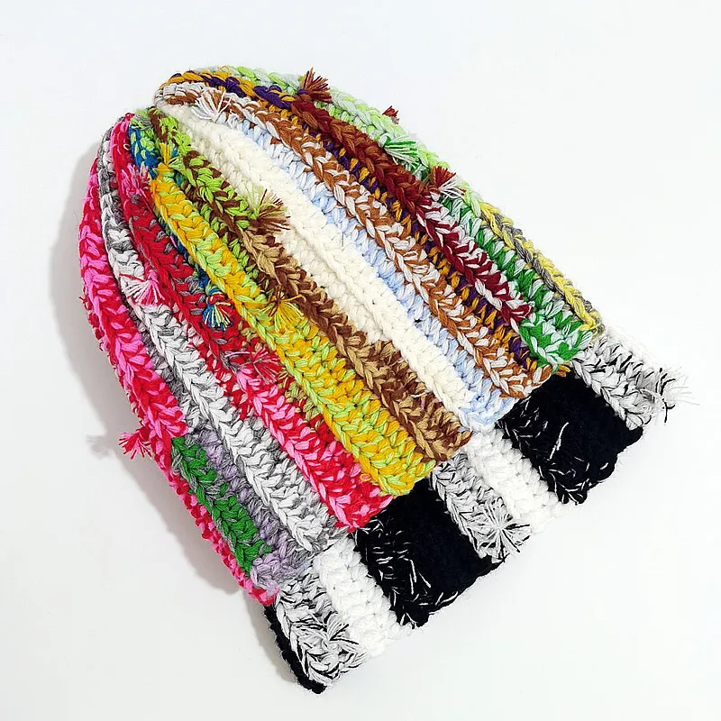 Gorro de lana hecho a mano de color dopamina para mujer, gorro grueso y cálido de Hip-hop para otoño e invierno, jersey para el frío