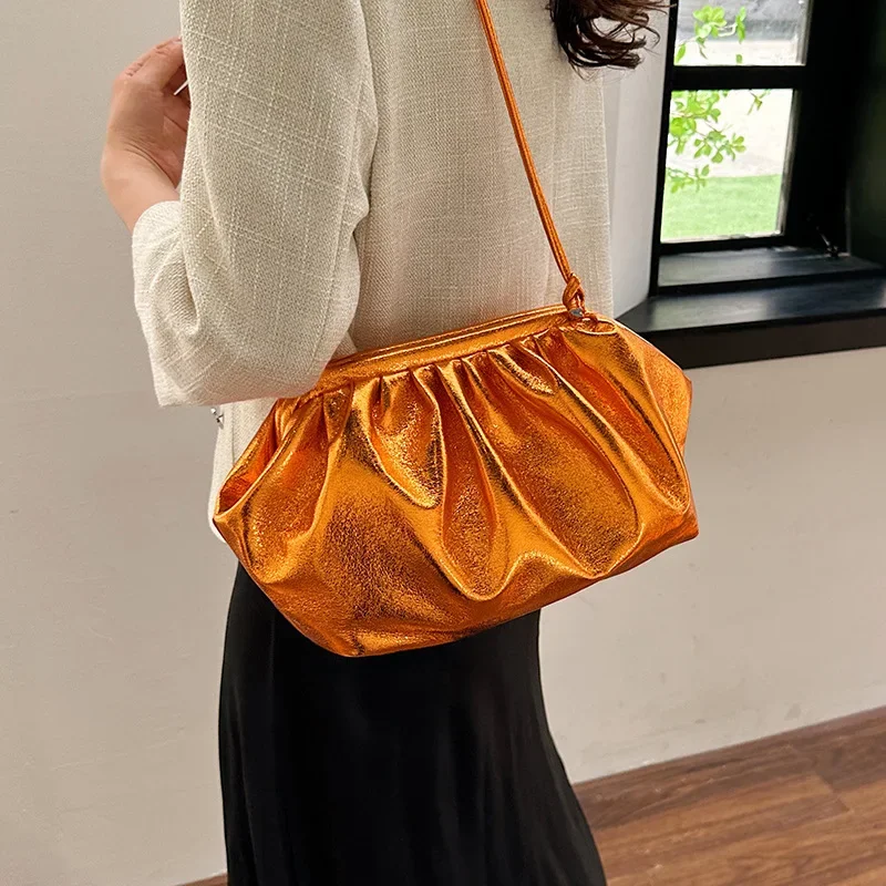 Gold Silver Color Women\'s Pleated Crossbody Bag Ruched Design Wedding Party Christmas Valentine\'s Day Clutches Cloud Bag Female