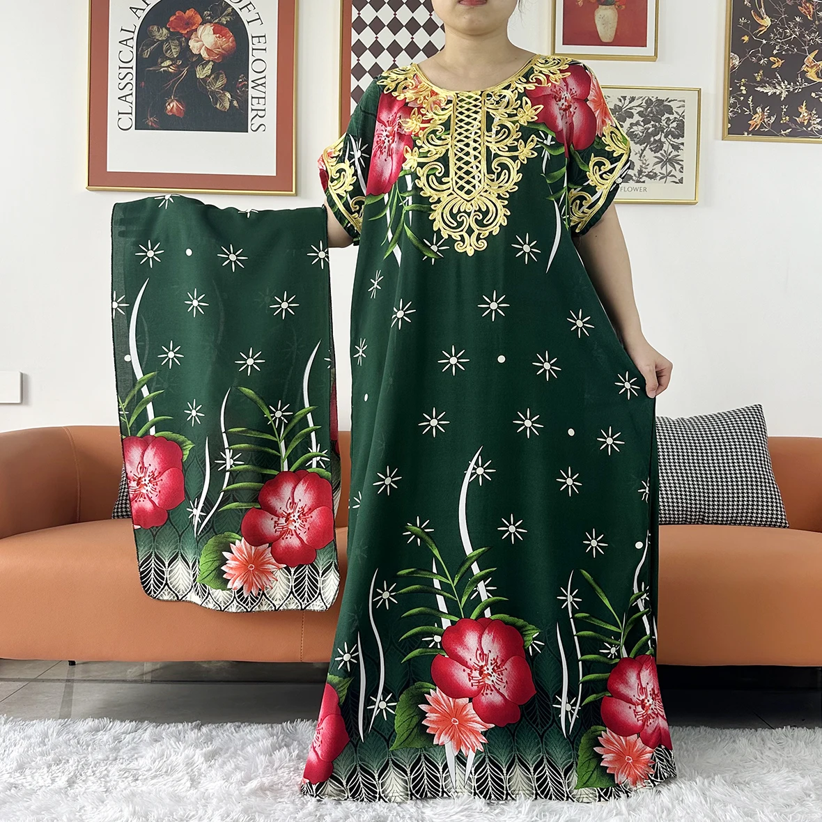 2 Pieces African Dashiki Floral Printing Loose Cotton Caftan Lady Summer Maxi Casual Dresses With Scarf  Vestidos Short Sleeve