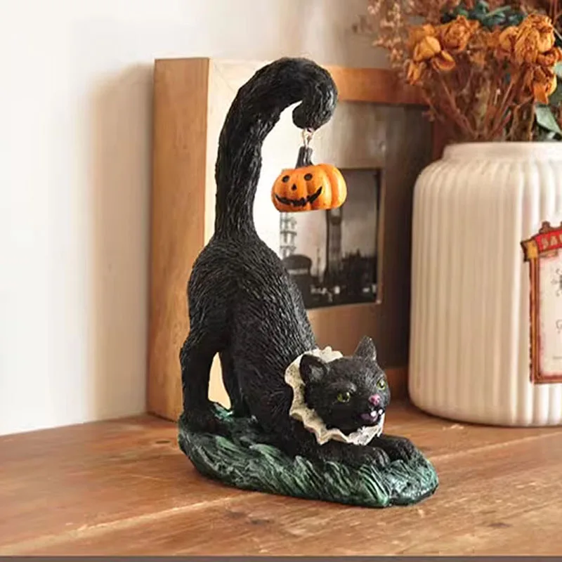 

American Style Countryside Black Cat Pumpkin Sculpture Ornaments Living Room Porch Animal Crafts Halloween Christmas Decoration