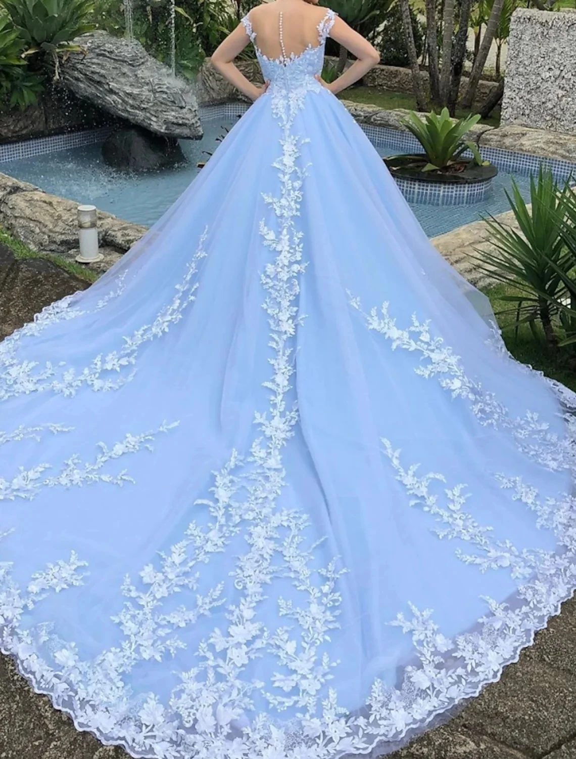 Vestido De novia elegante con cuello transparente, manga casquillo, apliques De encaje, 2023