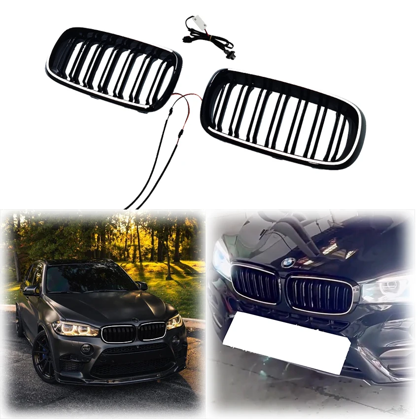 

2014 To 2018 for BWM X5 F15 X6 F16 M Sport Dual &double Line Replacement Front LED Grill Light Racing Grills By Gloss Black ABS