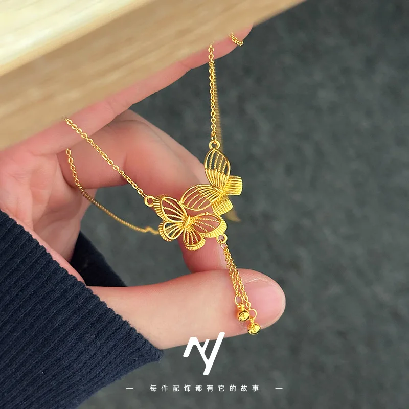 

Женское ожерелье с двойной бабочкой из настоящего золота 9999 пробы Ni Youyao Nansha, ретро и универсальная цепочка на ключицу и