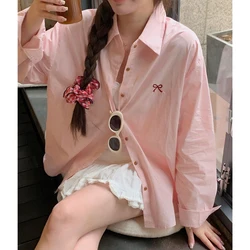 Bow Print Loose Korean Shirt Tops Spring Autumn New Long Sleeve Polo Neck Lazy Style Casual Blouse Fashion Sweet Women Clothing