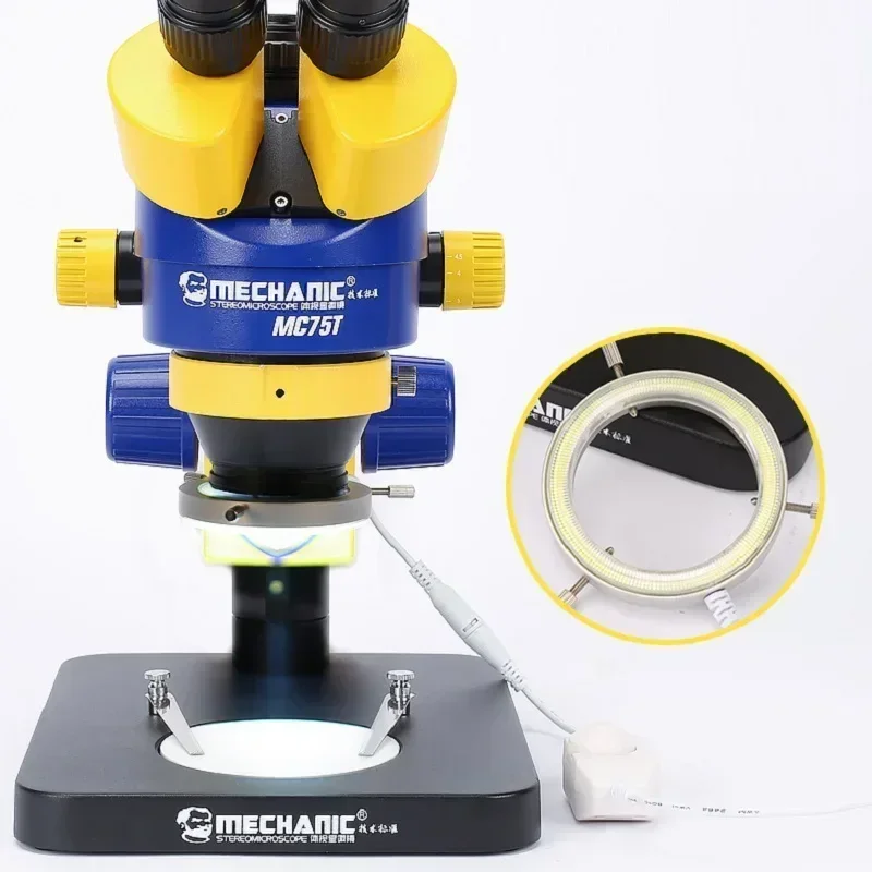 Microscopio estéreo Trinocular Industrial mecánico MC75T-B1 MC75T-B3, Zoom continuo 7-45X para placa, plataforma de observación PCB