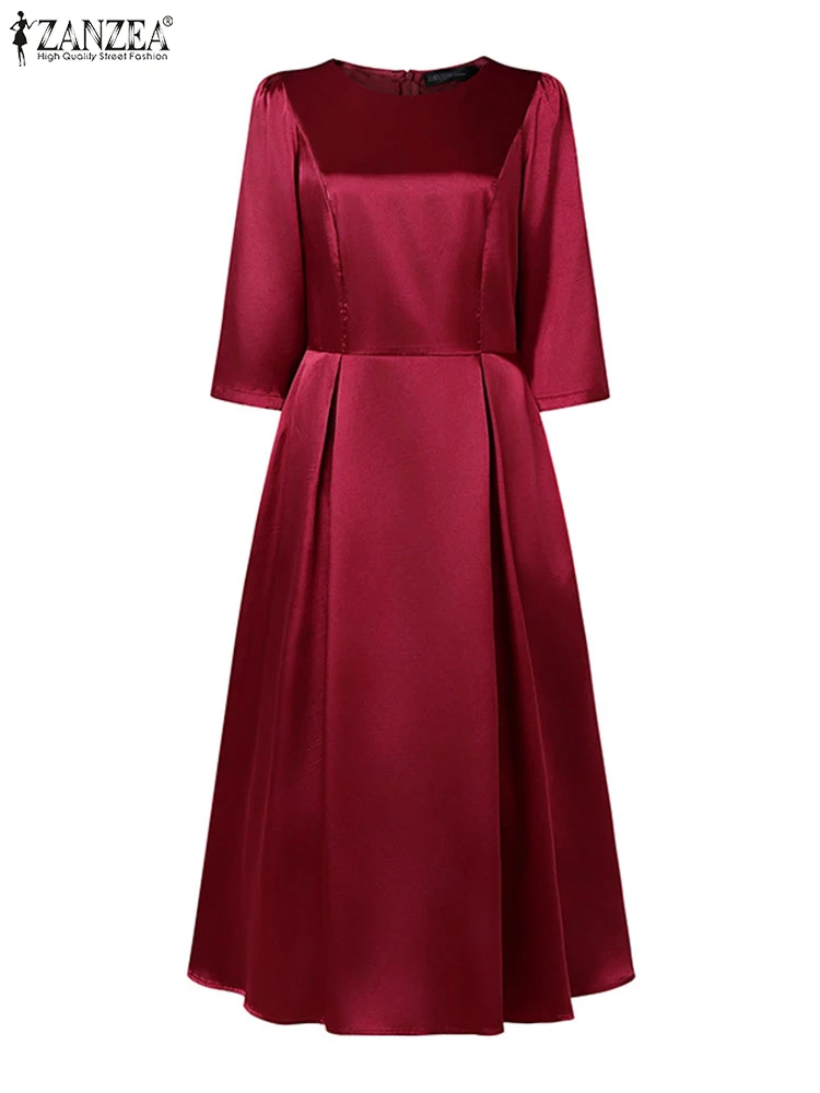 เดรสซาตินสำหรับงานปาร์ตี้ ดีไซน์หรูหราทันสมัย แบรนด์ ZANZEA คอทรงโอ แขน 3/4 ทรงเข้ารูปช่วงเอว จับจีบแบบกลับด้าน ทรงเอไลน์ ความยาวปานกลาง ไซส์ S-3XL