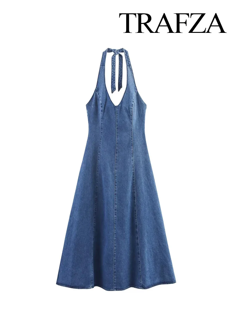 

HH Summer Women Elegant Sleeveless Backless Pleated Hanging Neck Collar Solid Denim Long Dresses Woman Back Zipper Dresses