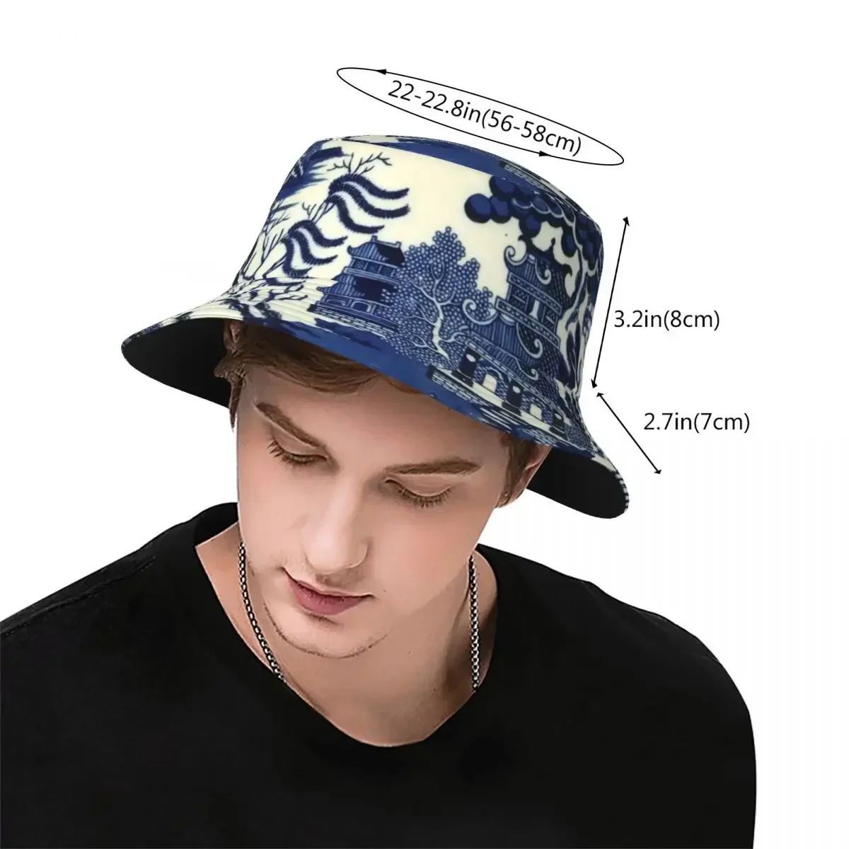 Antique Willow Ware Oriental Toile Bucket Hat Panama For Kids Bob Hats Outdoor Fisherman Hats For Summer Fishing Unisex Caps