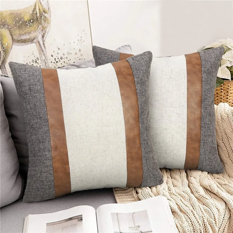 NEW Throw Pillow Cover Cushion Linen Patchwork Farmhouse Pillowcase Leather Pillow Cases For Sofa Couch Cushion Cover Home Decor