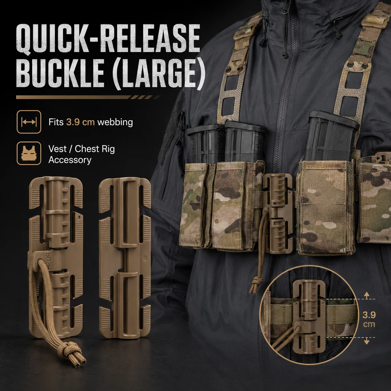 Tactical Quick Release Buckle Large 3.9cm Webbing Tactical Vest Chest Rig Strap Connector 2PCS Set