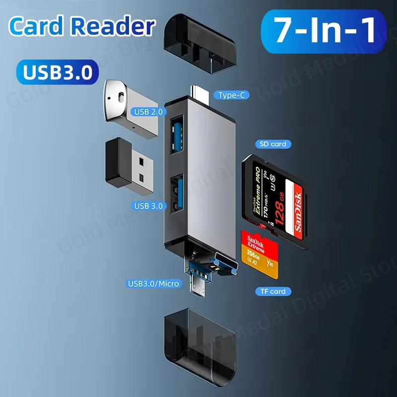 7 In 1 Multifunction Card Reader Usb 3.0 Micro TF SD Card Memory Reader USB Flash Drive Type C Card Adapter OTG Hot Selling