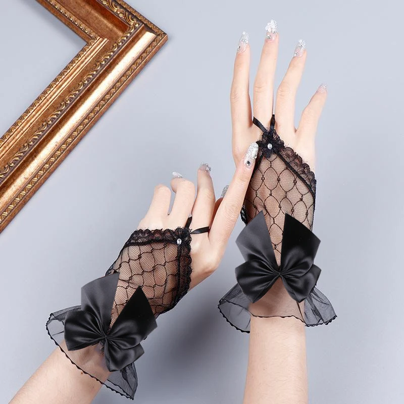 1Pairs Short Fingerless Sleeves Decoration Nails Accessories Photography Lace Mesh Hollow Bow Gloves Nail Gel Polish Display