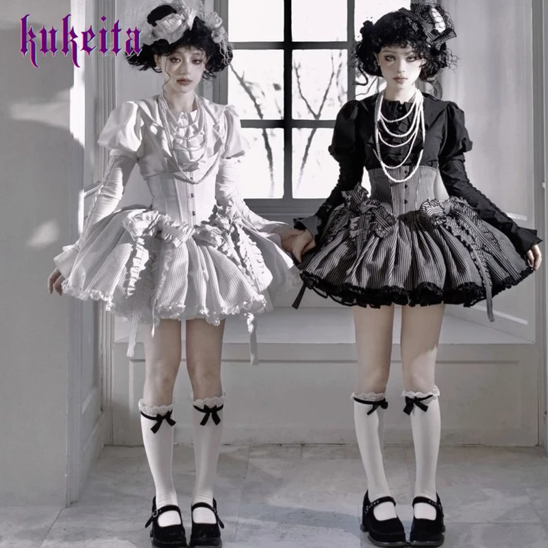 

Комплект Kukeita Gothic Lolita из 2 предметов: черно-белая блузка с длинными рукавами и милая пышная мини-юбка в полоску с завышенной талией, винтажный наряд в стиле принцессы