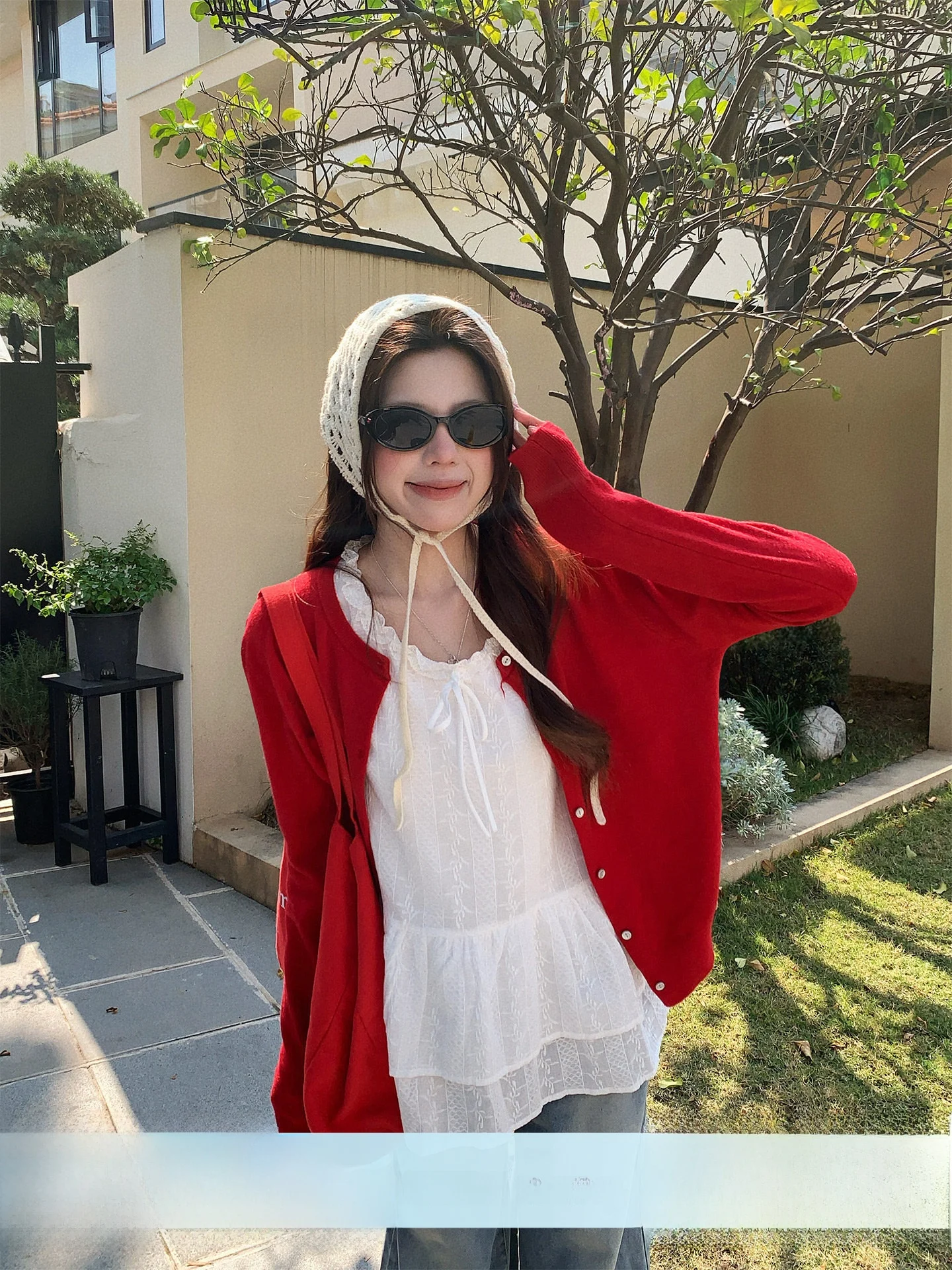 

Red Knitted Open Cardigan Women's Outerwear Spring Fashion Unique Beautiful Top Korean Style Soft Acrylic Long Sleeve