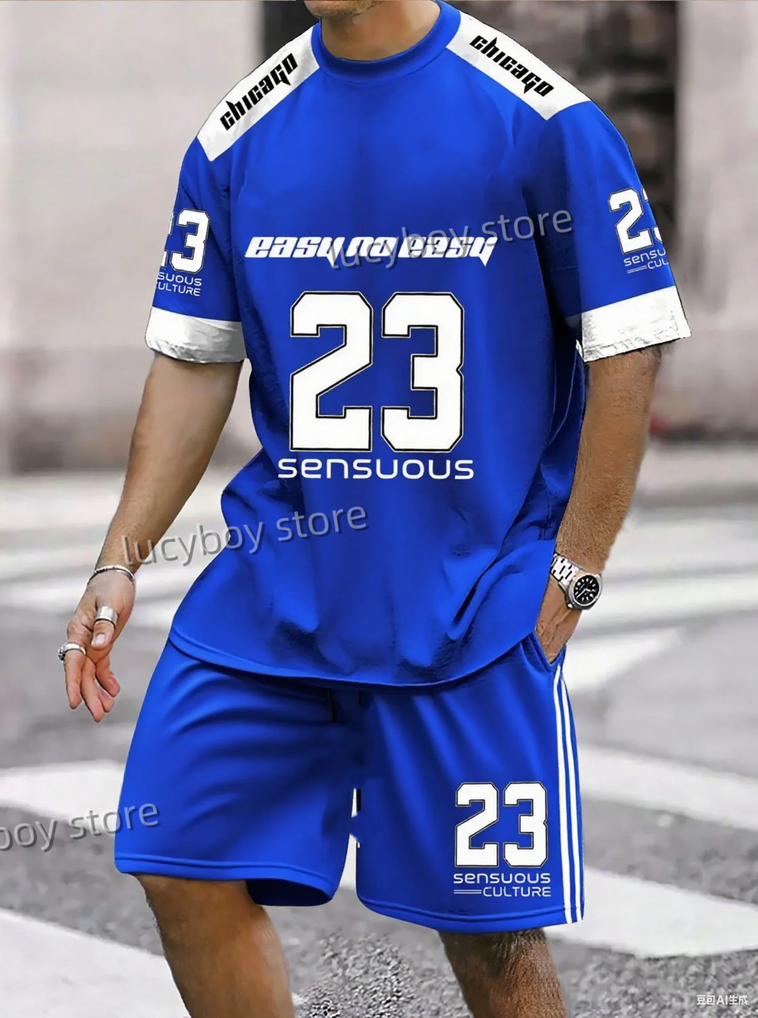 Summer Men EASY TO EASY 23 Print Set Short Sleeve T-Shirt Shorts Set Adult Sport Jogging Plus Size Tracksuit 2 Piece Set
