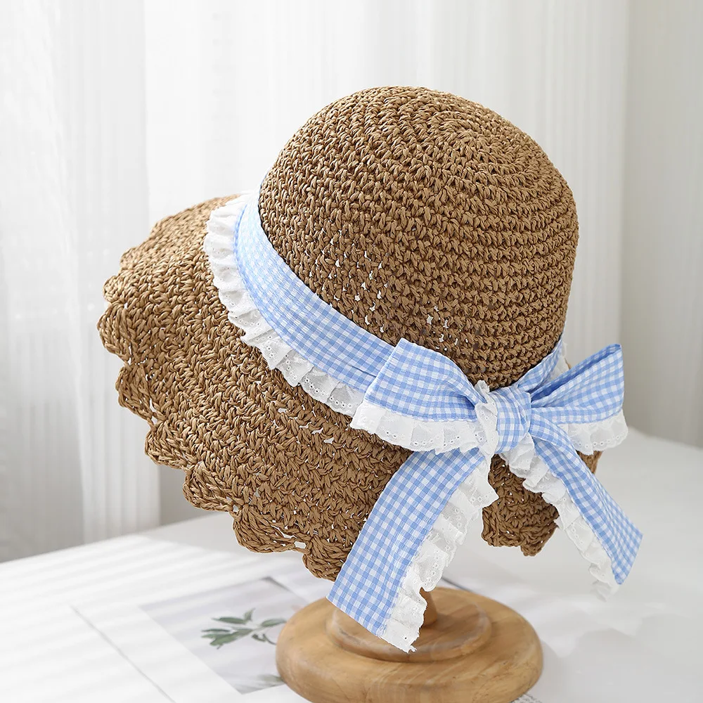 태양 모자 여성용 여름 모자 소녀 달콤한 활 격자 무늬 리본 비치 액세서리 한국어 접이식 해변 휴가 Sunhat 버킷 모자