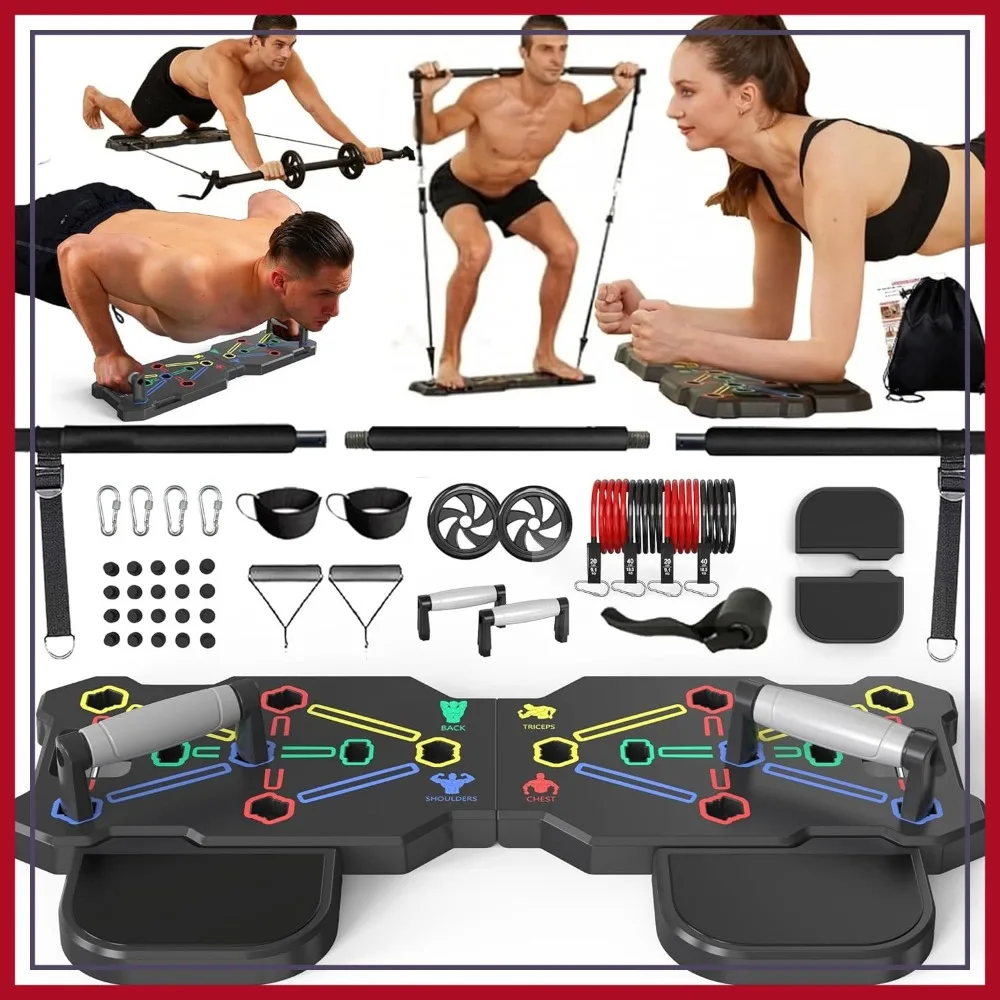

Portable Workout Equipment with 20 Gym Accessories, Push Up Board, Plank Trainer, Resistance Bands, Ab Wheel for Home Exercise