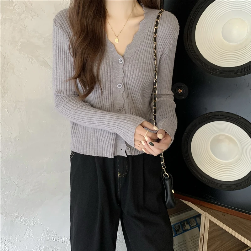 Ribbed Knit Cardigan Sweater for Women Long Sleeve V-Neck Wavy-hem Plain Knit Jacket Teen-girl Fall Winter Basic Outfit