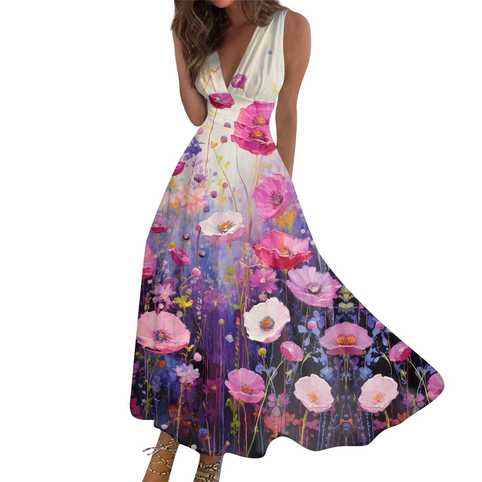 Dames Maxi Jurk Zomer Casual Mouwloze V-Hals Boho Taille Retraction Jurk Gewaden Met Bloemenprint Voor Dames 2024