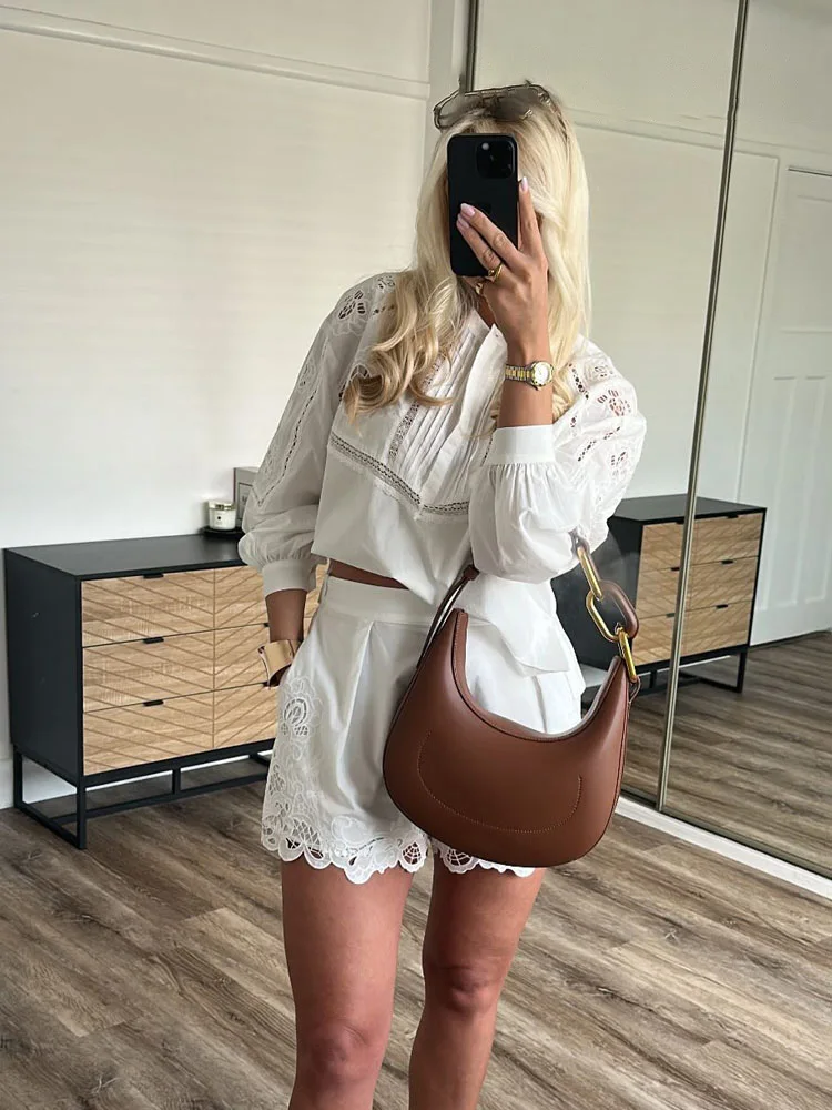 HH verano mujeres Chic hueco bordado decoración O-Collar blusas Top + moda sólido alto plisado Casual pantalones cortos conjuntos