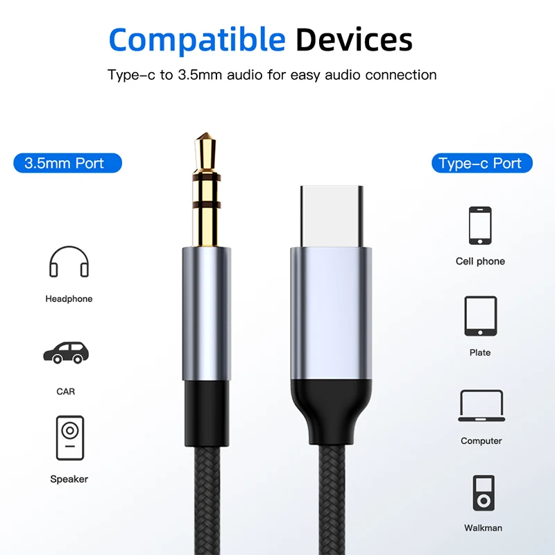 Câble audio USB Type-C vers Jack 3.5mm, adaptateur universel pour haut-parleur de voiture, téléphone, sauna, Samsung, Xiaomi, Huawei