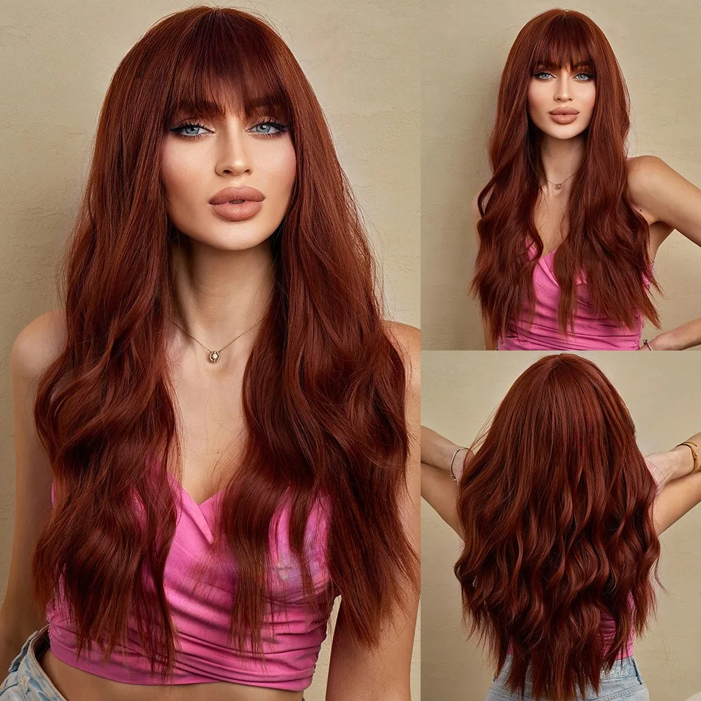 Red Wig with Bangs for Women Long Wavy Curly Wine Red Wig Synthetic Burgundy Wigs for Girls Daily Party Use (24 Inches)