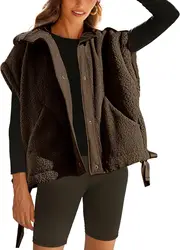 Women's Fuzzy Fleece Vest Oversized Sleeveless Sherpa Jacket Warm Button Down Gilet Outerwear with Pockets