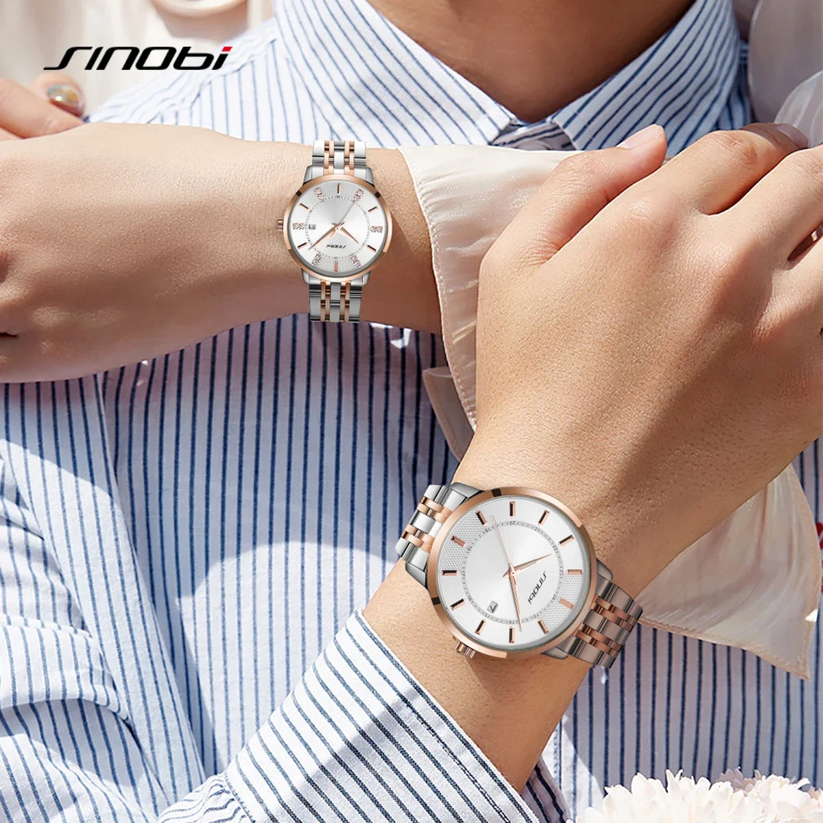 SINOBI Couple Watches classics Calendar Stainless Steel Waterproof Luminous Lover's Watch Quartz Wristwatch Men Women Set Gifts