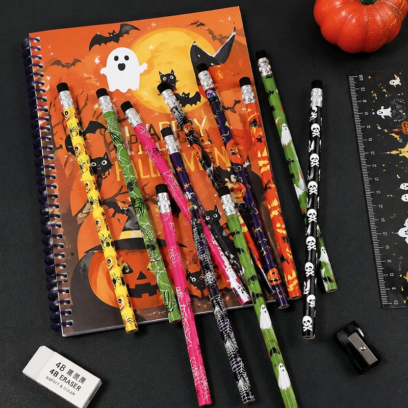 Halloween Pencil Gift Kit Random Pattern Halloween Themed Pencil with Cartoon Erasers Colorful Sharpeners Festive Stationery ZYF