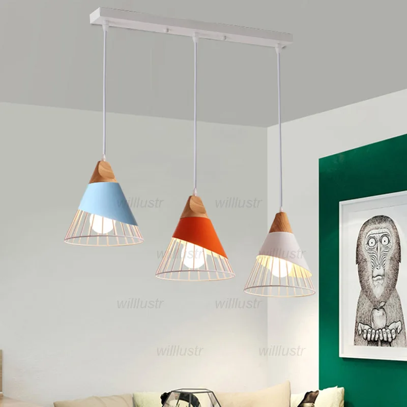 Industrial Style Metal Pendant Lamp Creative Wood Cone Suspension Light Hotel Cafe Bar Macaron Color Hanging Ceiling Chandelier