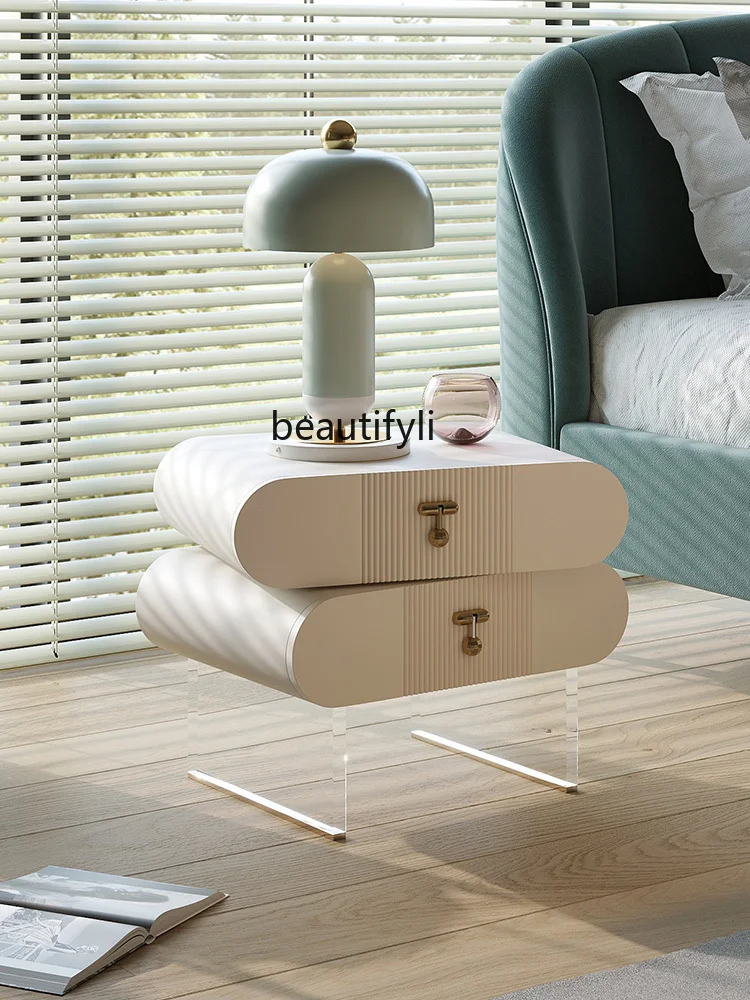 zqBedside Table High-Grade Light Luxury Double-Layer Rotatable Acrylic Double-Drawer Bedside Cabinet