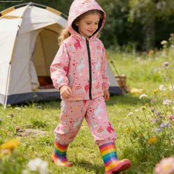 2026 Spring Toddler Boys Girls Raincoat Waterproof Hooded Jacket Cartoon Dinosaur Coat+Pants Suit Children Outfit Tracksuits