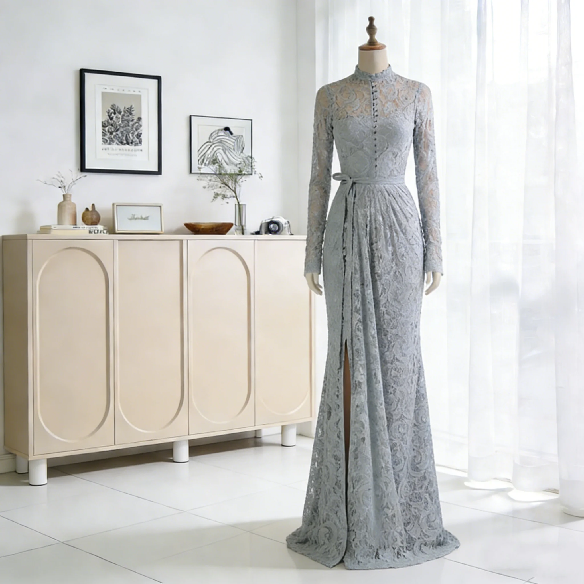 

Lace Mermaid Prom Dress Customized High Neck Long Sleeve Zipper Floor Length Slit Evening Party Gown