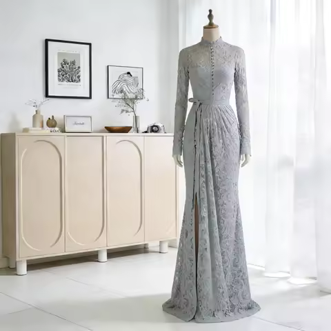 Lace Mermaid Prom Dress Customized High Neck Long Sleeve Zipper Floor Length Slit Evening Party Gown