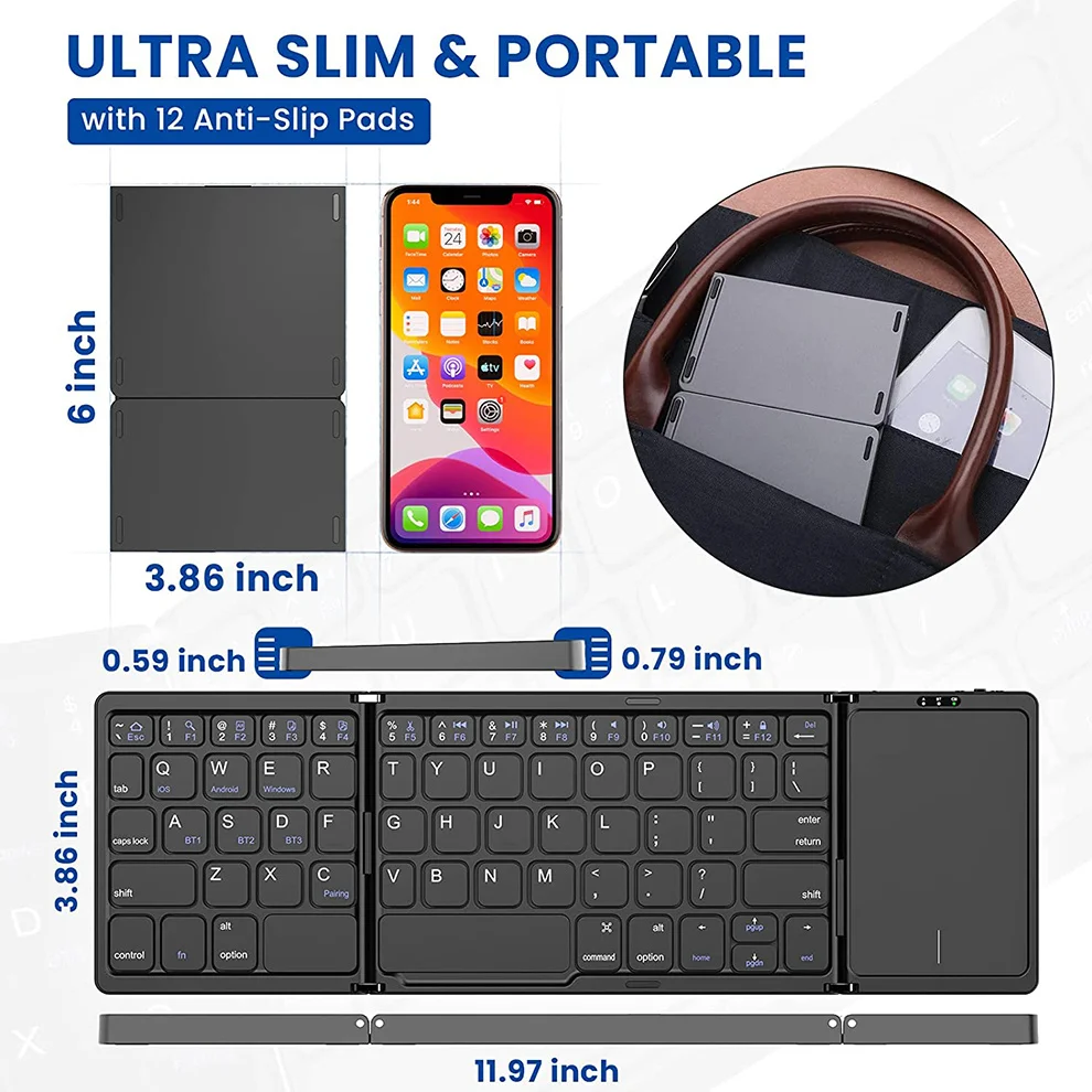 JOMAA Wireless Bluetooth Keyboard With Touchpad Rechargeable Foldable Keyboard With Trackpad Support 3 Devices For Tablet