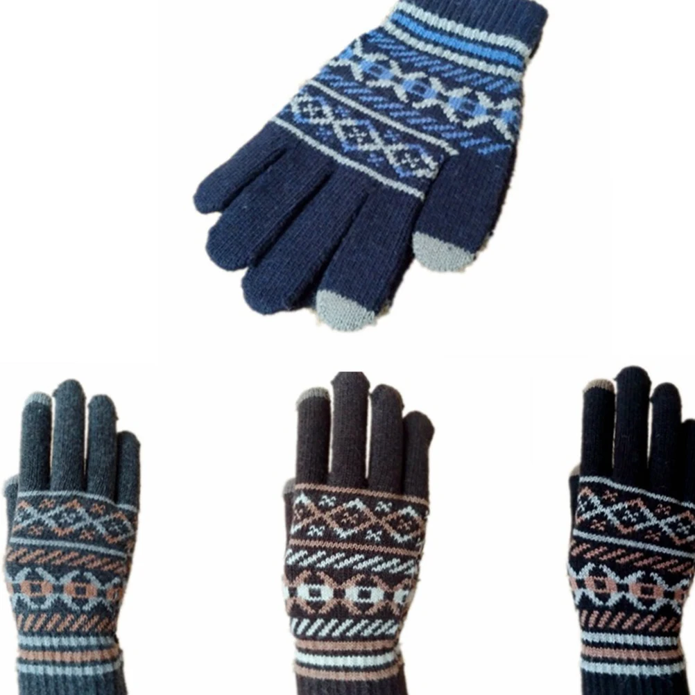 1Pair Warm Thick Knitted Men's Woolen Yarn Gloves Full Finger Touch Screen Outdoor Winter Accessories Blue Woolen Yarn Gloves