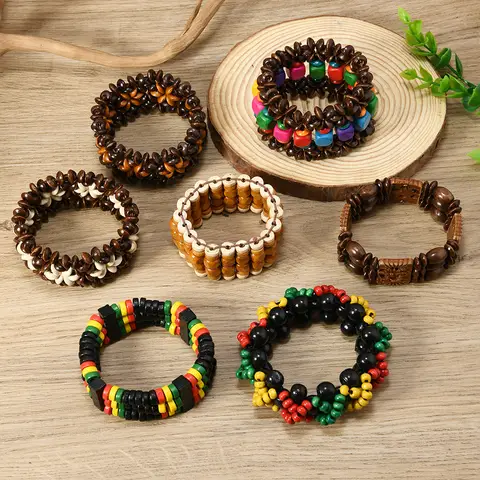 보헤미안 패션 나무 구슬 남자 팔찌 수제 유행 컬러 구슬 탄성 스레드 남자와 여자 팔찌 선물