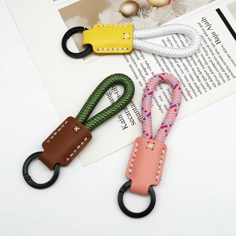 Handmade Cowhide Keychain with Woven Rope, Creative Gift