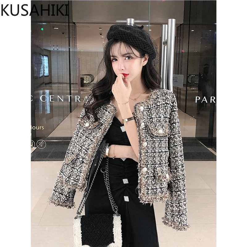 KUSAHIKI Elegant Tweed Short Coat Women Autumn Winter Fashion Korean Jackets Causal Plaid Long Sleeve Single Breasted Cardigan