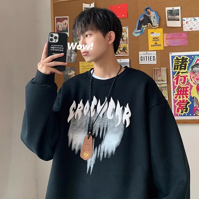 Felpa con cappuccio in peluche hiphop americano da uomo autunno inverno nuovo cotone oversize caldo maniche lunghe felpa pullover Y2K Top abbigliamento da uomo