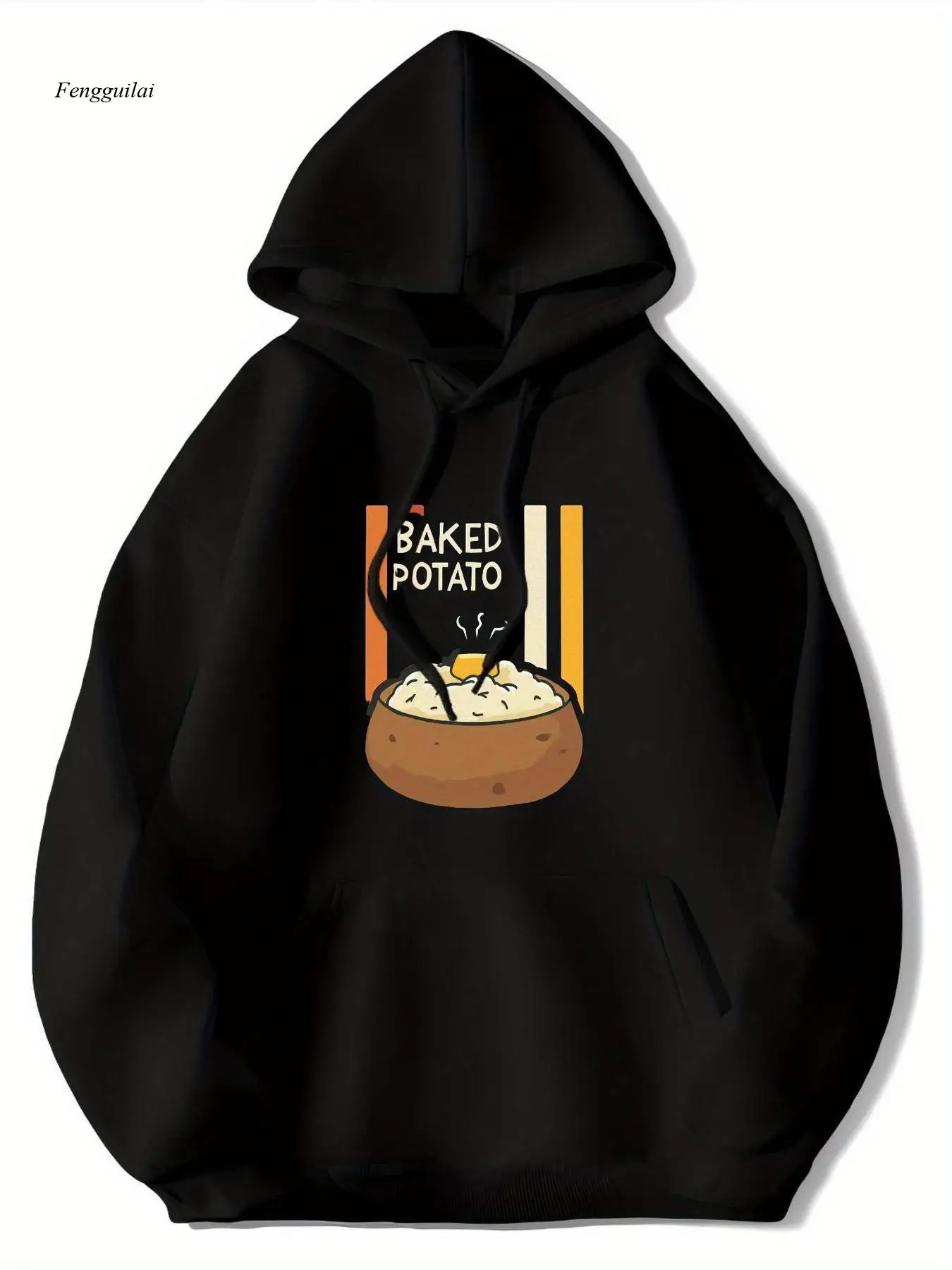 Divertida sudadera con capucha con gráfico de patatas al horno: sudadera negra con diseño de mantequilla derretida y patatas humeantes
