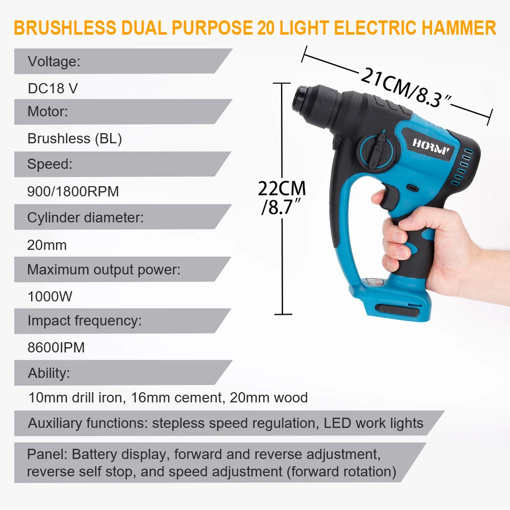 Brushless Cordless Electric Drill Rotary Hammer 4 Modes Drill Demolition Hammer Rechargeable Power Tool for Makita 18V Battery