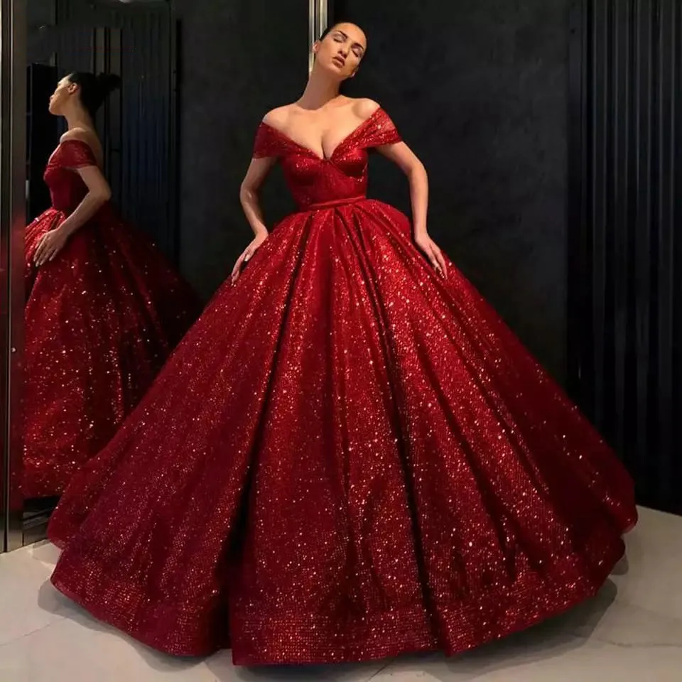 Customized Red Off The Shoulder Quinceanera Dresses 2025 Ball Gown Shiny Sequined Formal Party Dress Sweet 18 Elegant Prom Dress