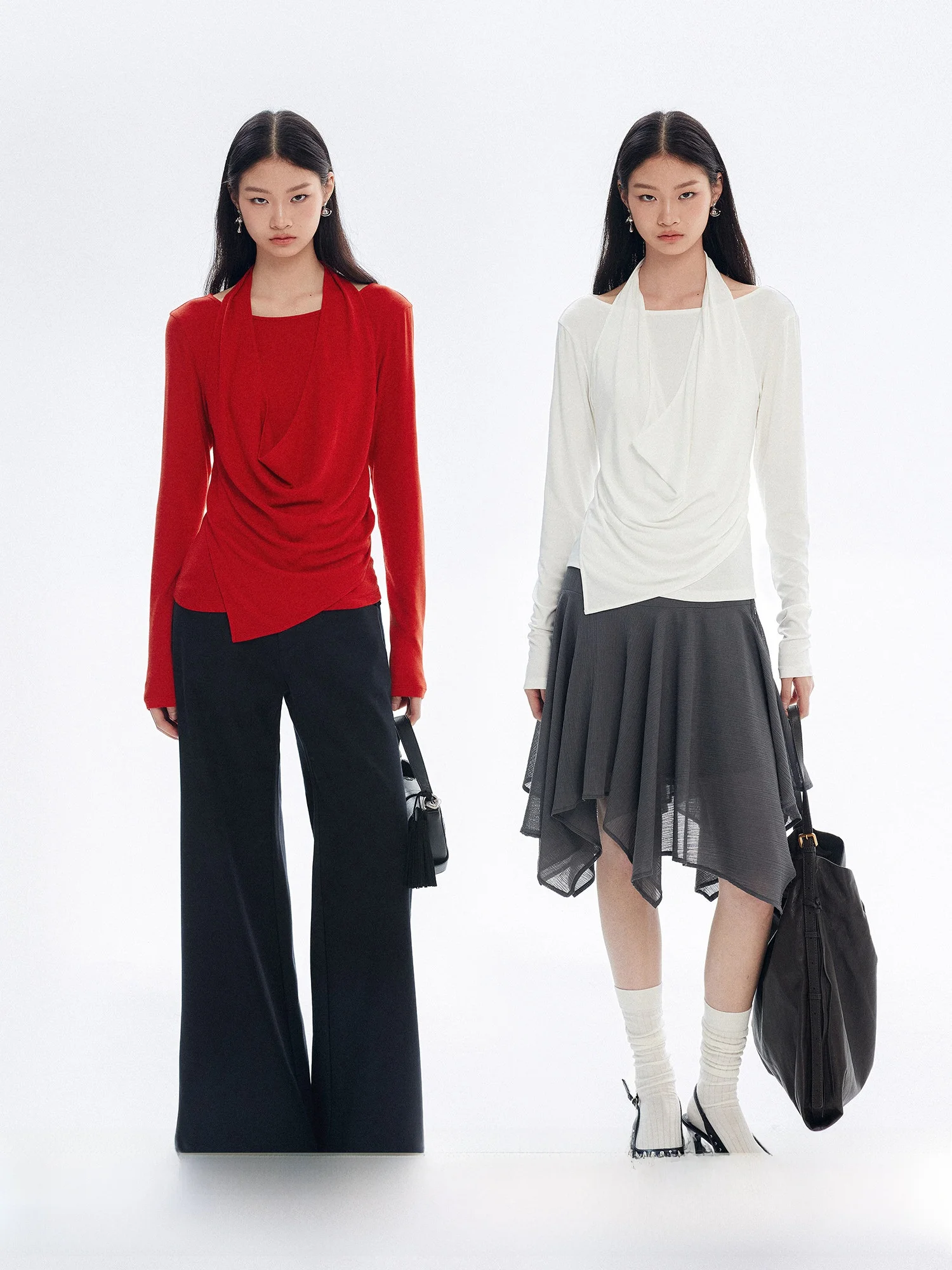 

MOLY CHO Long Sve Layered T-irt Women's Spring Casual Sle oulder Bared Neline Fake Two-Piece Hanging Collar Top